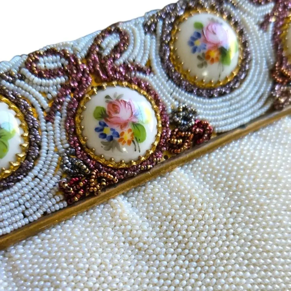 Vintage Rare Handmade E. Grillot Floral Beaded White Ivory Gold Clutch